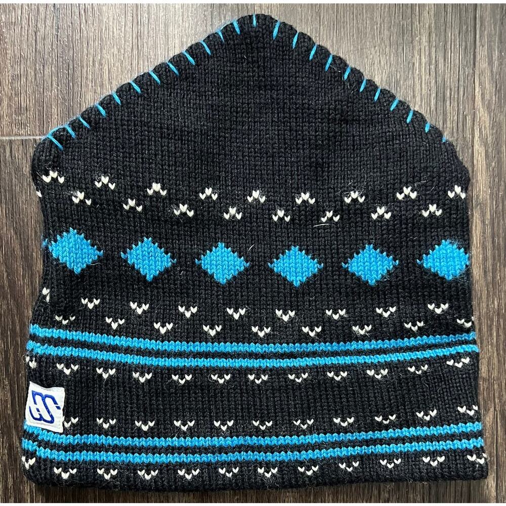 Vintage Murray Merkley Wool Hat in Black with Blue/Cream Pattern One Size